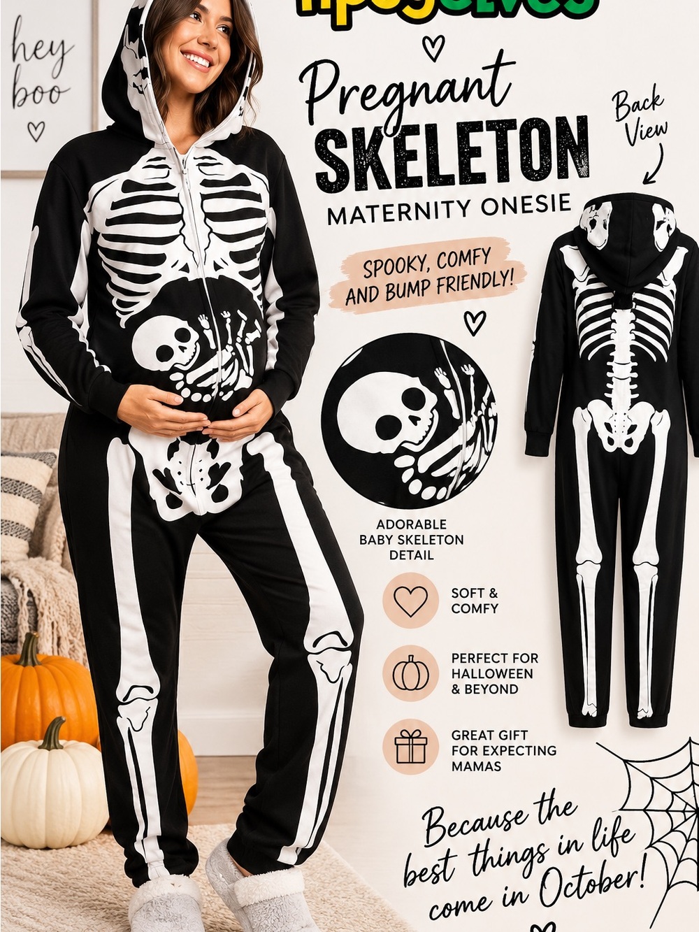 Tipsy Elves Black and White Pregnant Skeleton Maternity Onesie